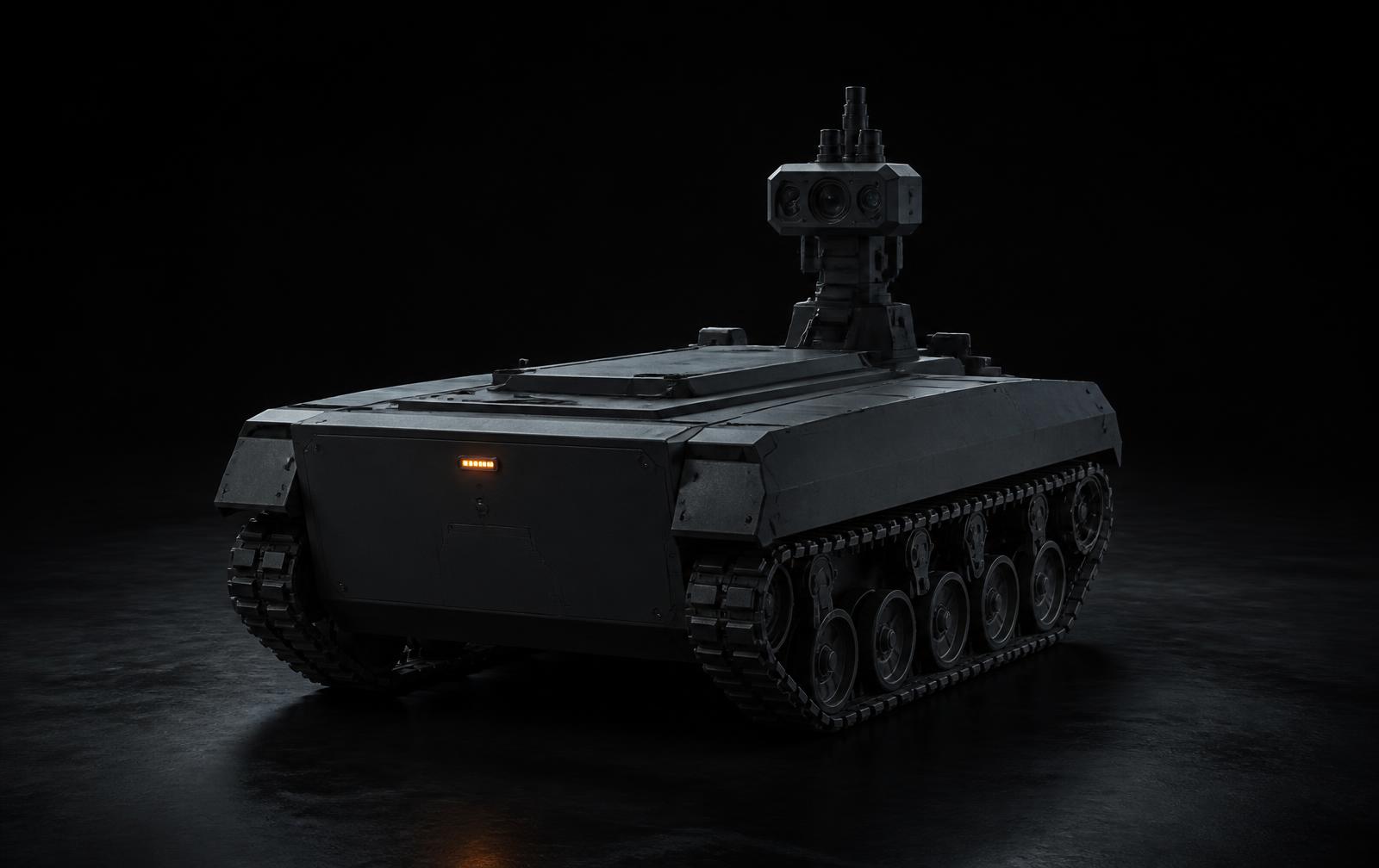 Concept visual of an uncrewed tracked ground platform with a sensor mast, lit in a dark studio